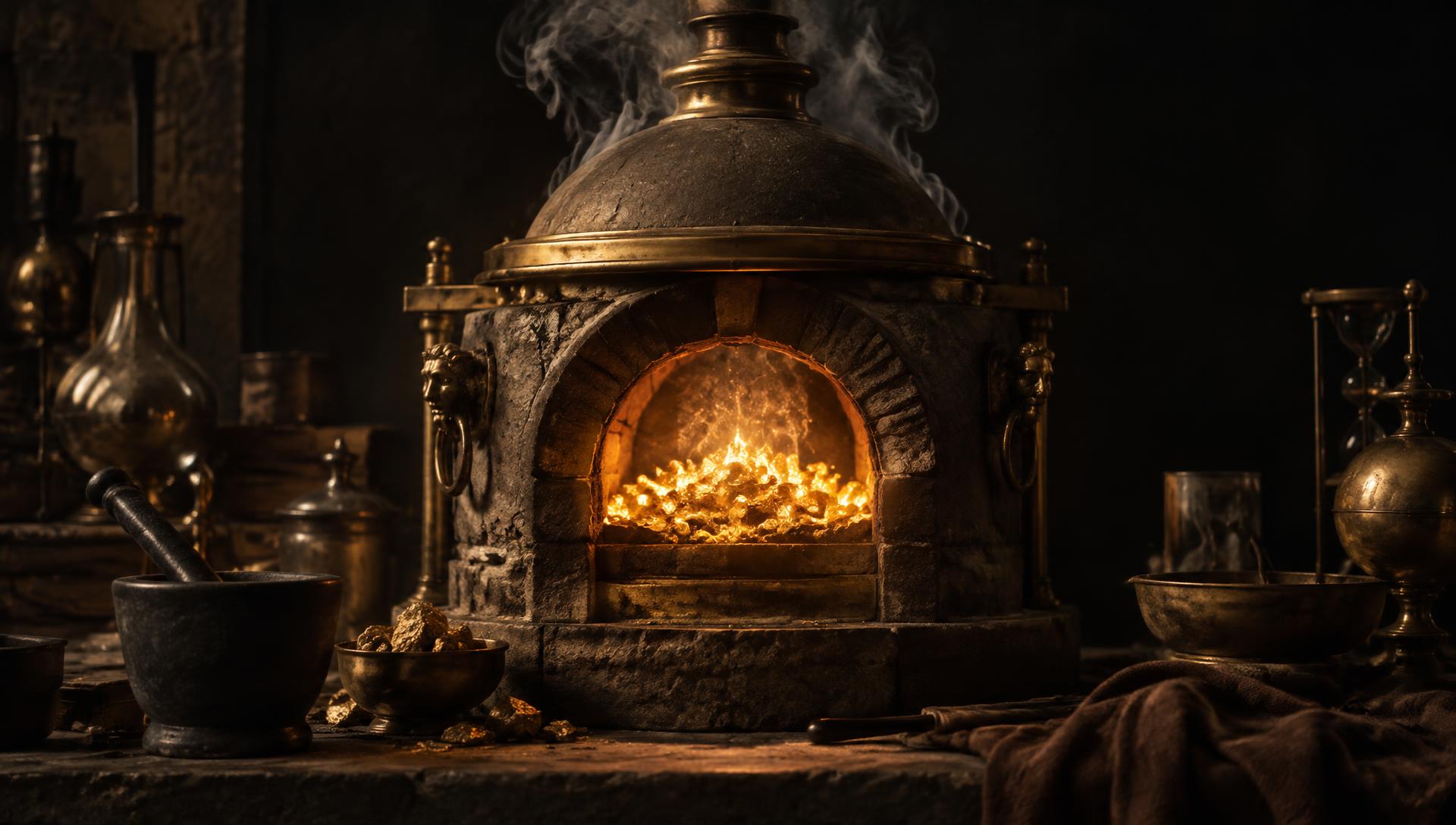 Forno alquímico com ouro incandescente